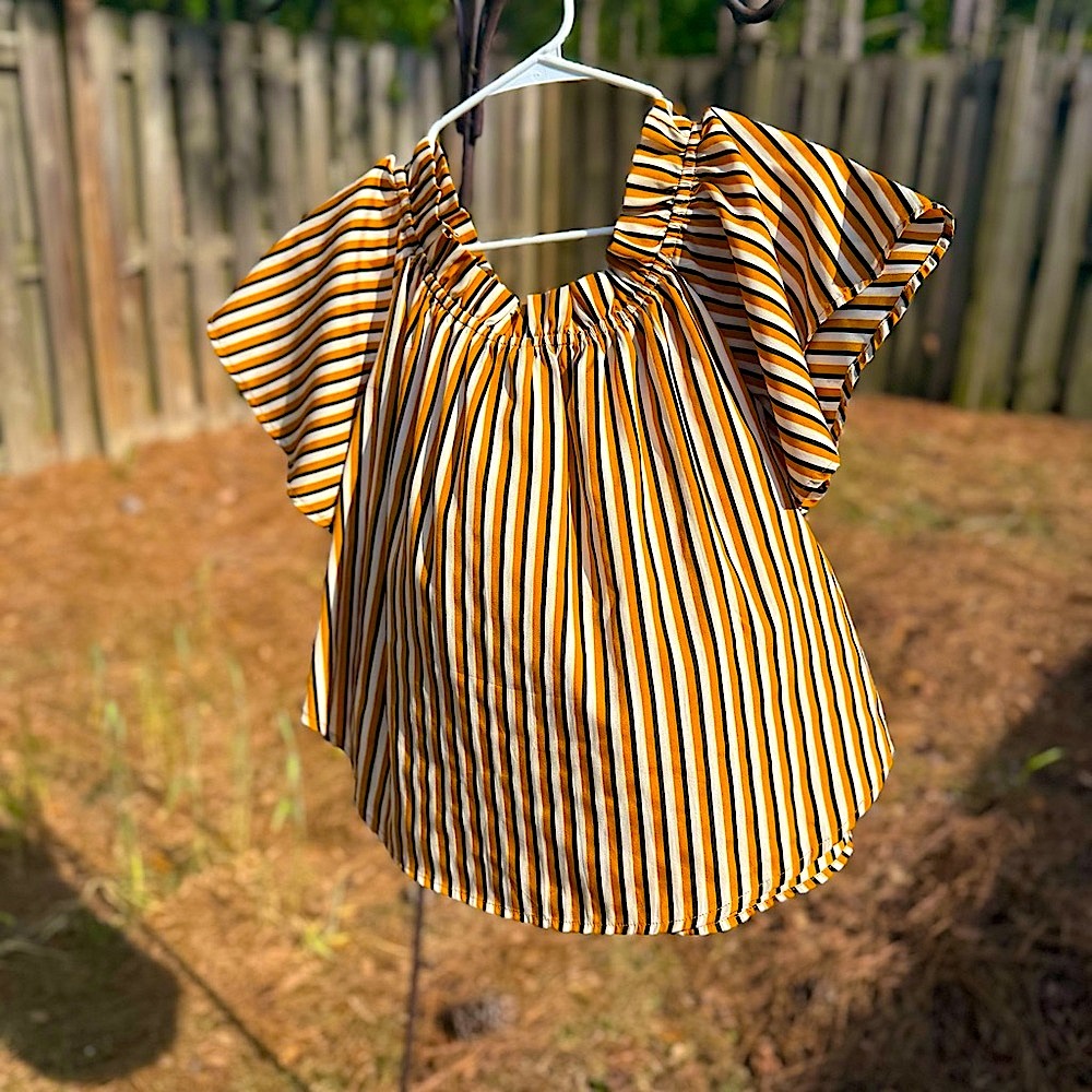 True Destiny• Med•Off Shoulder•Mustard,Black and Cream Striped•Flowy•Blouse